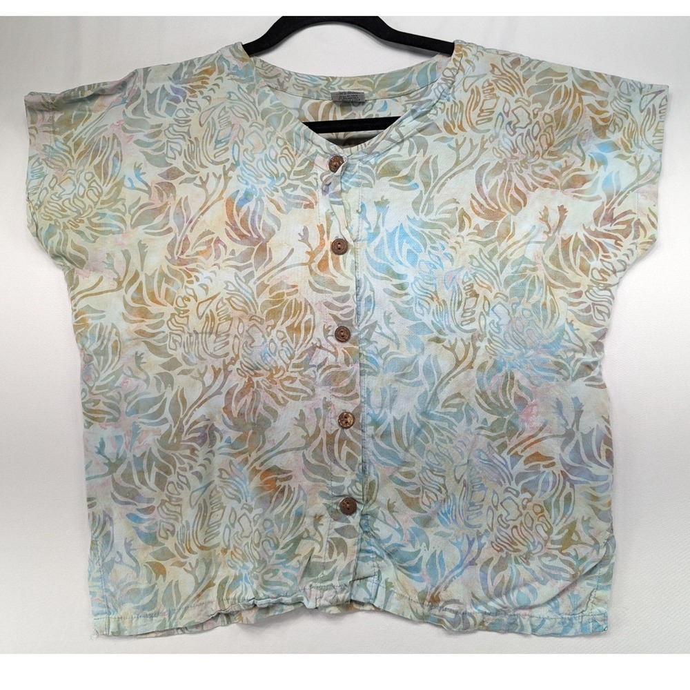 Los Mayer Clothing Co Womens M Batik Floral Rayon Button Up Short Sleeve Top